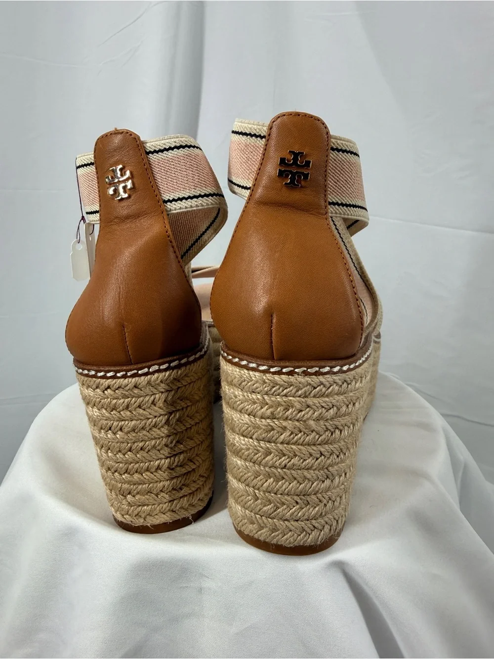 Tory Burch Pink and Cream Striped Espadrille Wedge Sandals